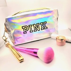 New PINK silver holographic cosmetic, clutch bag with zippered top and handle